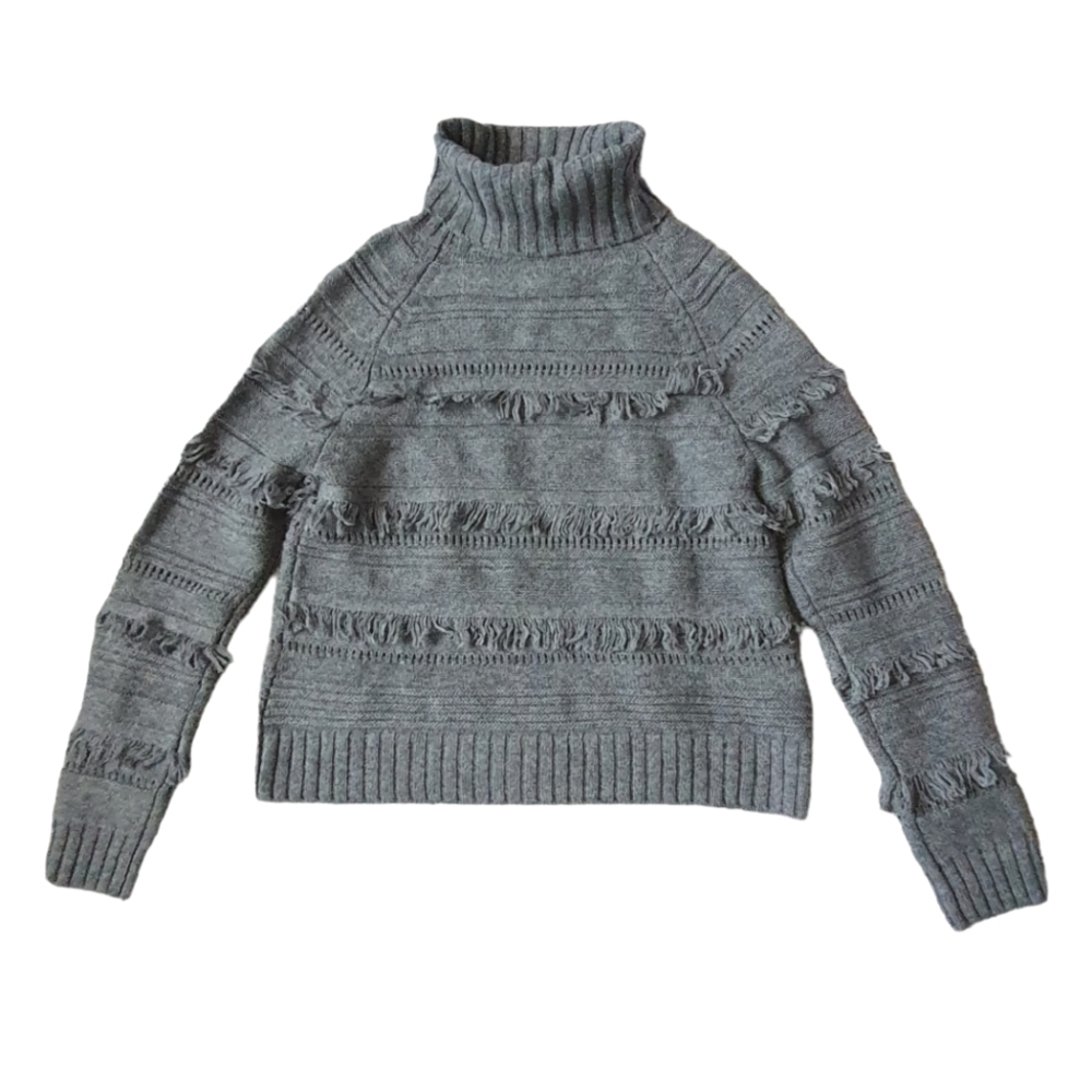 Brown Allan Merino Wool Cashmere Knit Sweater, Crop, Turtleneck, Fringe, XS